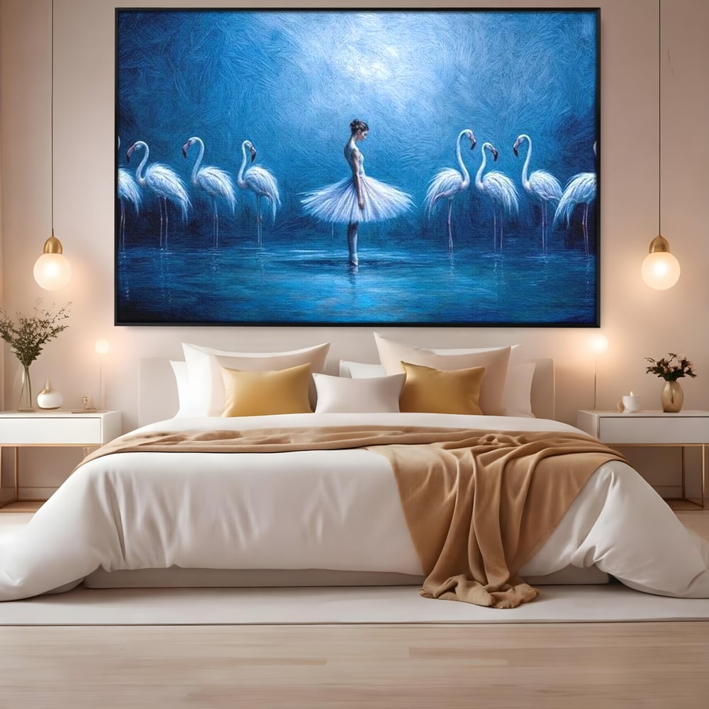Tablou canvas cu tablou canvas cu balerina si flamingo, in rama de aluminiu negru, pe perete intr-un dormitor
